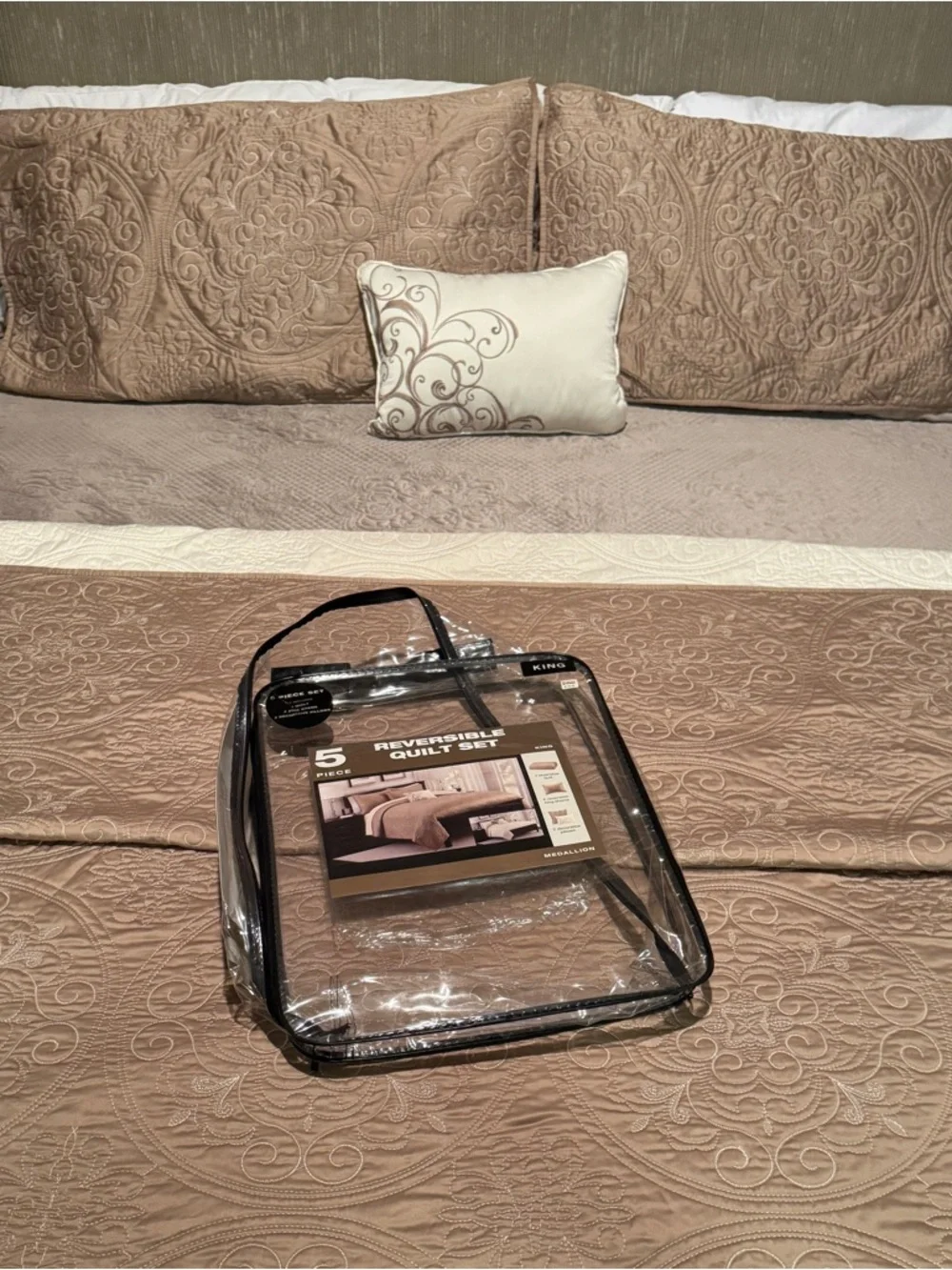 King Neutral Tan Quilted Bedding Set with Decorative Pillow & 2 Shams Reversible